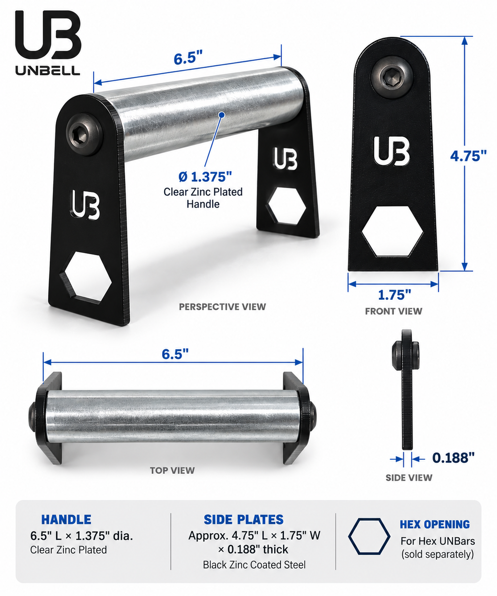 UNBell external handle dimension diagram showing a 6.5-inch handle, 4.75-inch side plates, and hex UNBar openings