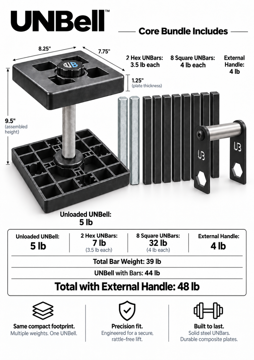 UNBell Core Bundle specs — 2 Hex UNBars, 8 Square UNBars, External Handle, 48 lb total with dimensions