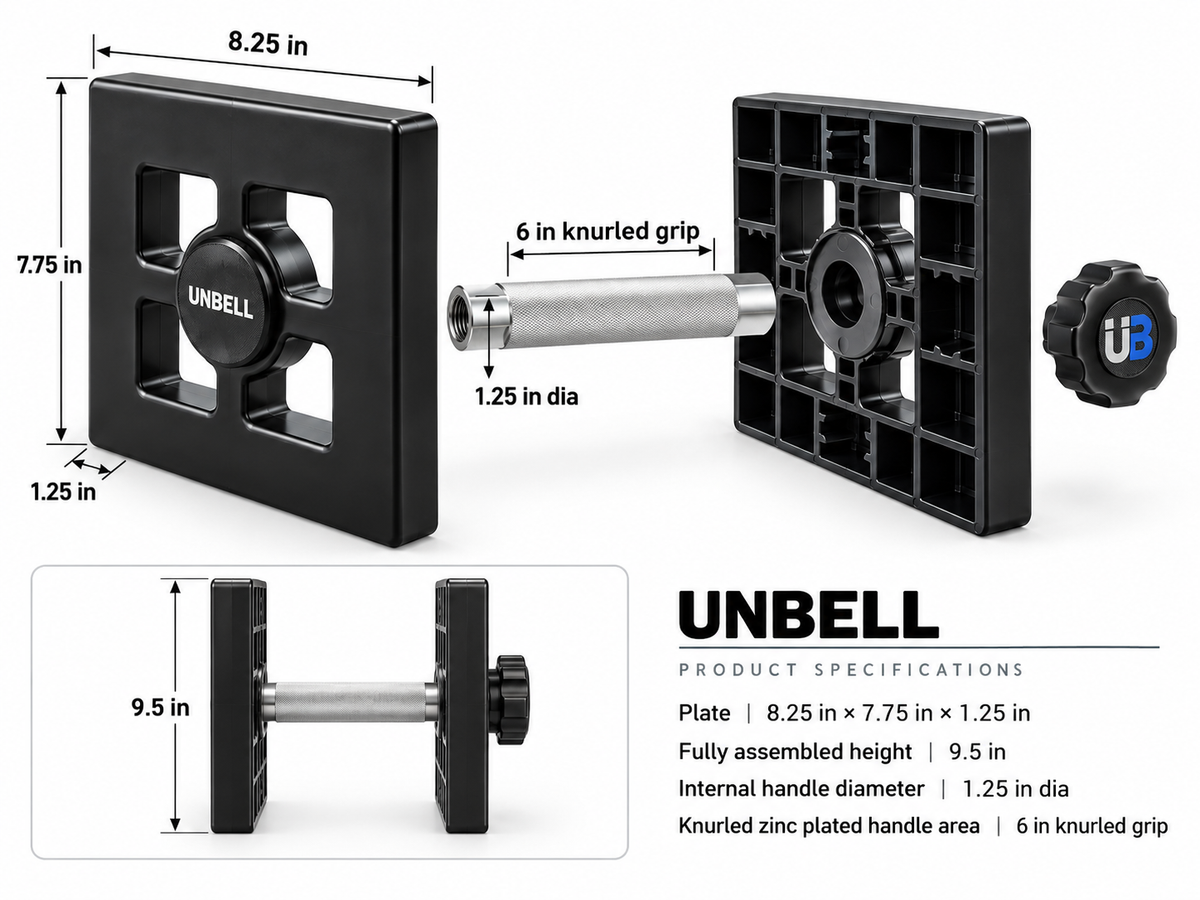 UNBell Platform Only dimension diagram showing plate, handle, grip, and assembled height measurements